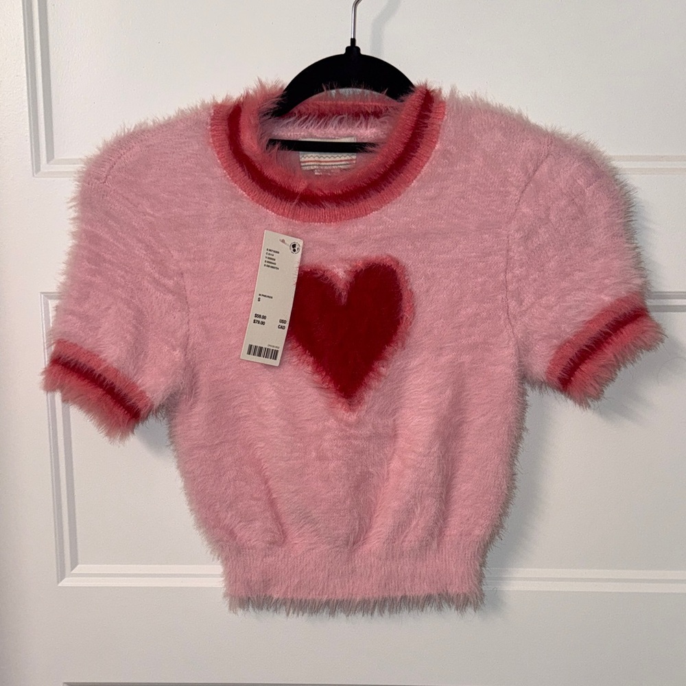 Brand New Pink Fuzzy Sweater with Red Heart